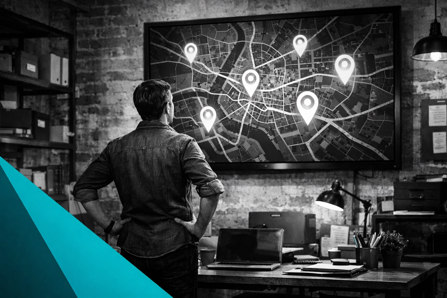 Small business owner analyzing local search map for Google Business Profile ranking.