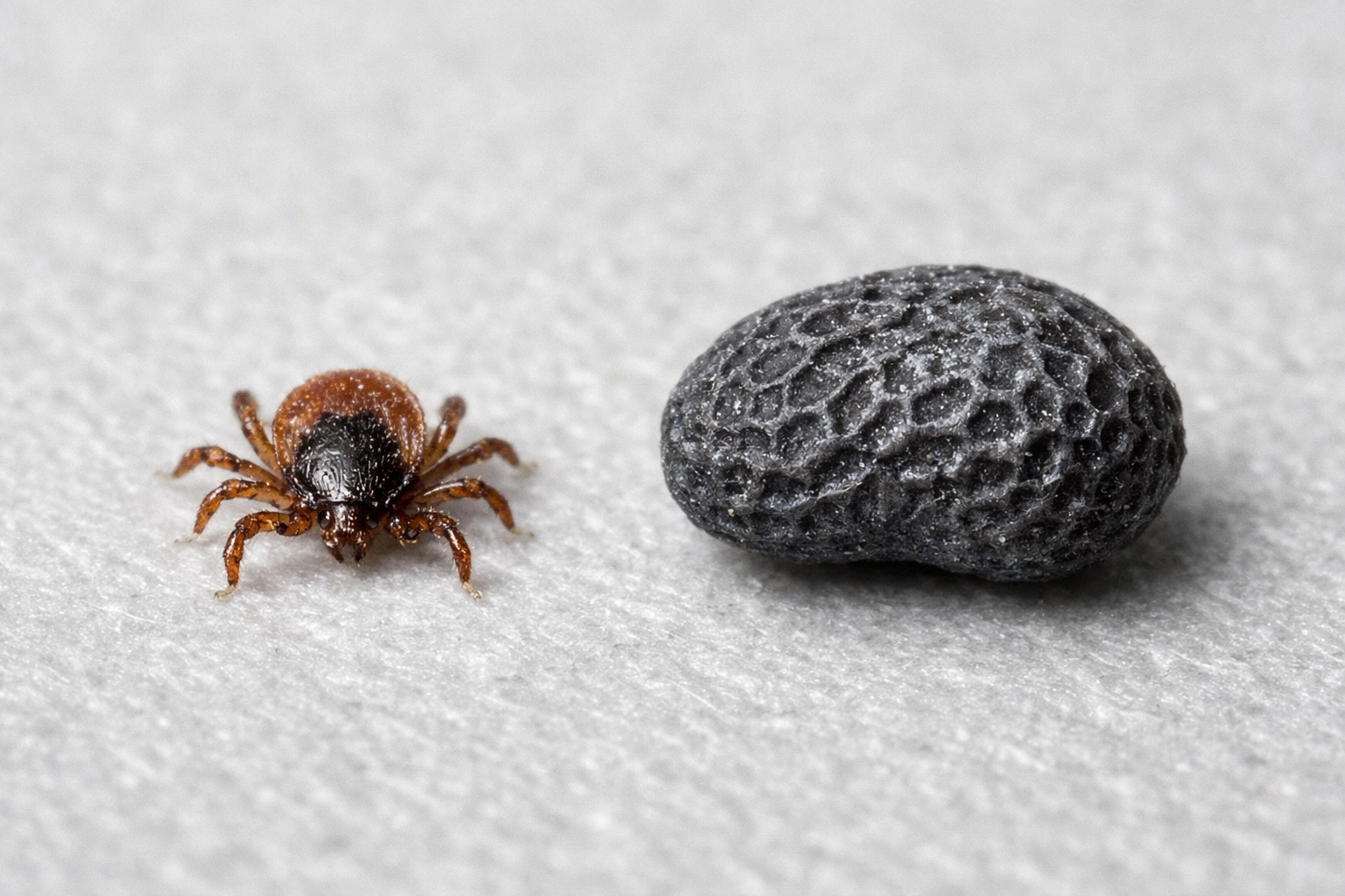 Comparison of a tiny black-legged tick nymph and a poppy seed to illustrate tick size in Westchester.