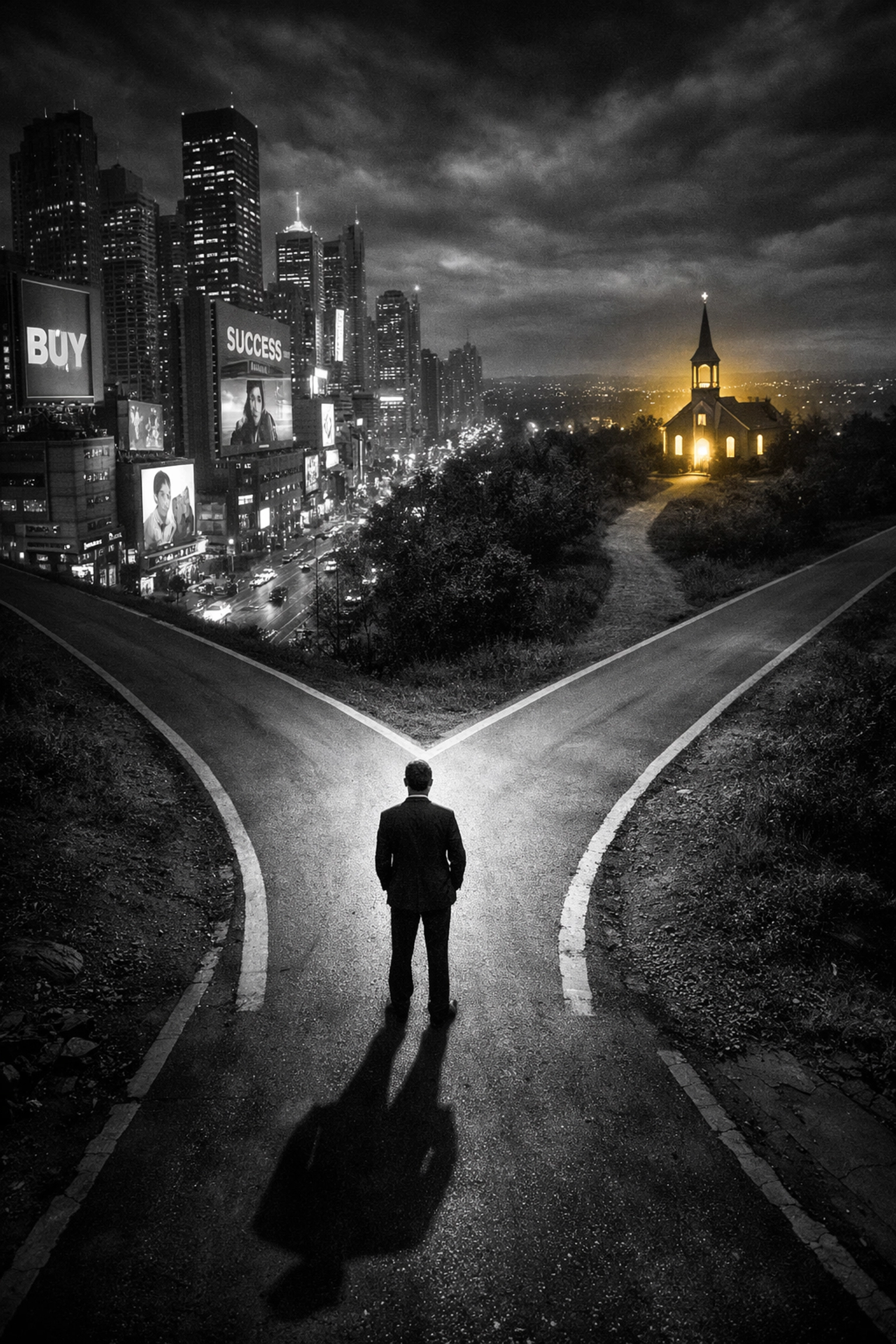 Man at crossroads choosing between worldly success and biblical faith journey
