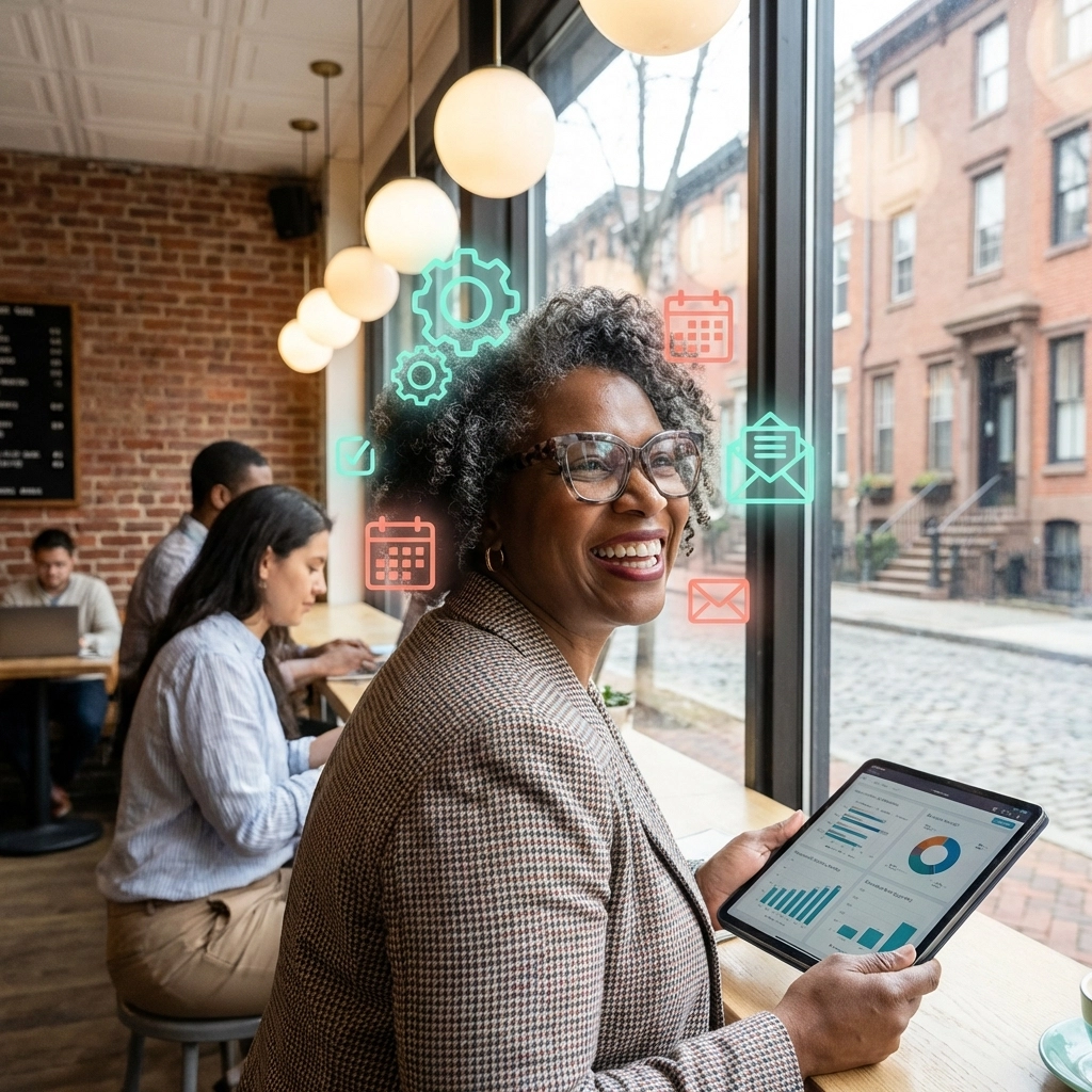 Philadelphia small business owner reviewing website automation analytics on tablet in airy, tech-savvy cafe