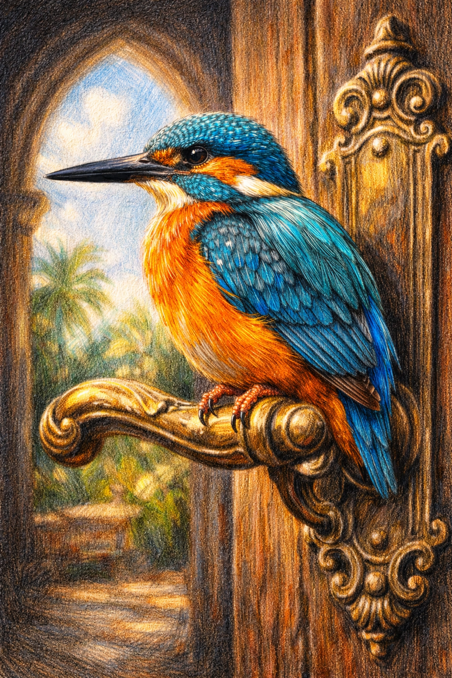 Exotic kingfisher on a brass handle, showcasing whimsical maximalist boutique hotel interior design.