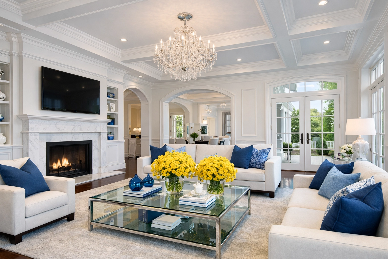 A spotless and sun-drenched luxury living room in Bedford after a professional post construction cleaning.