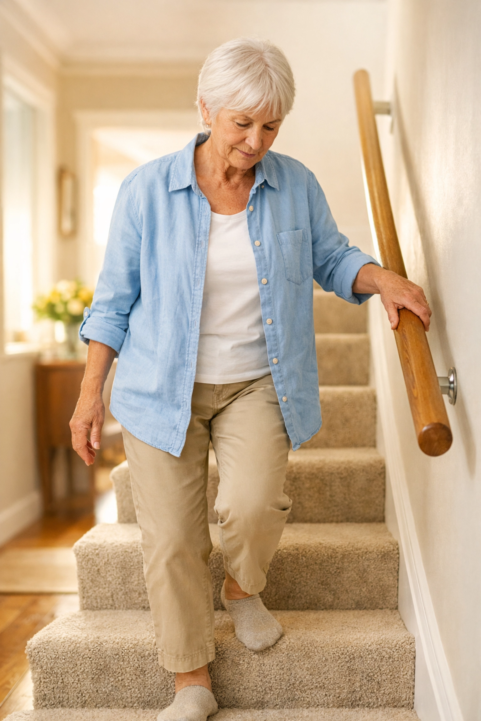 A senior safely descending stairs by holding a sturdy handrail and maintaining a balanced posture.