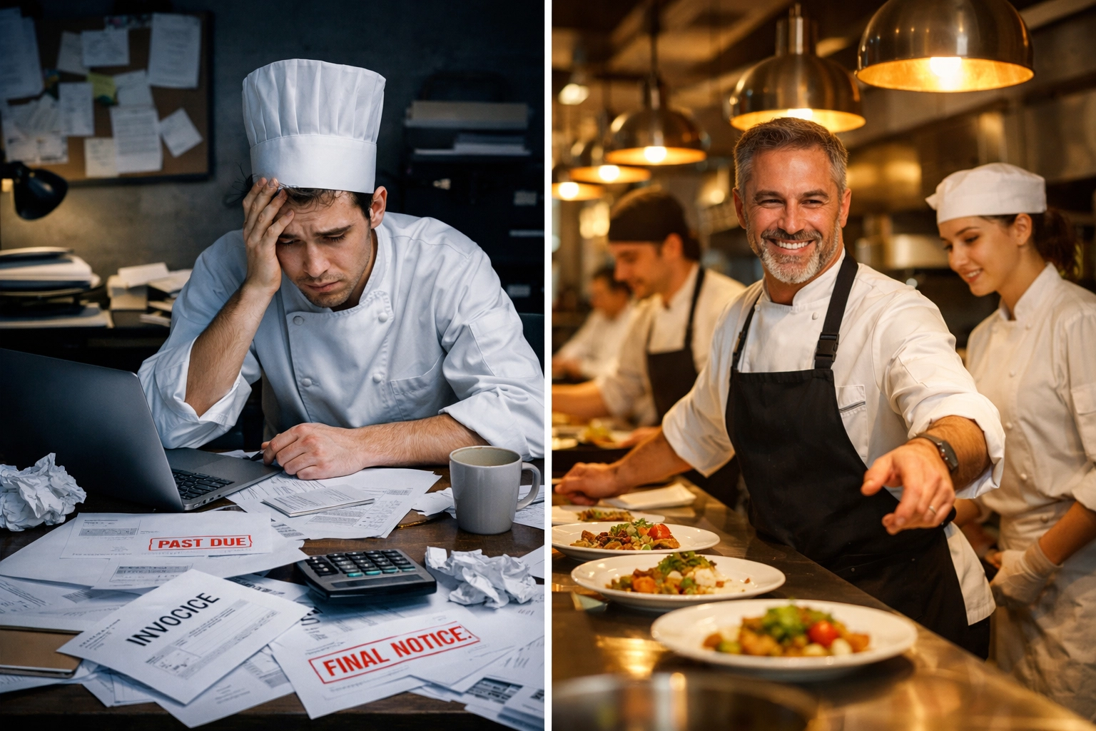 Contrast showing struggling chef with paperwork versus successful chef leading kitchen team