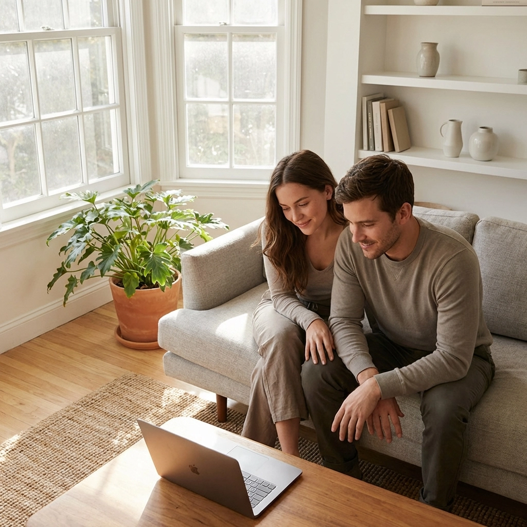 Young couple browsing real estate listings on a laptop together in a bright South Jersey living room Young couple browsing real estate listings on a laptop together in a bright South Jersey living room