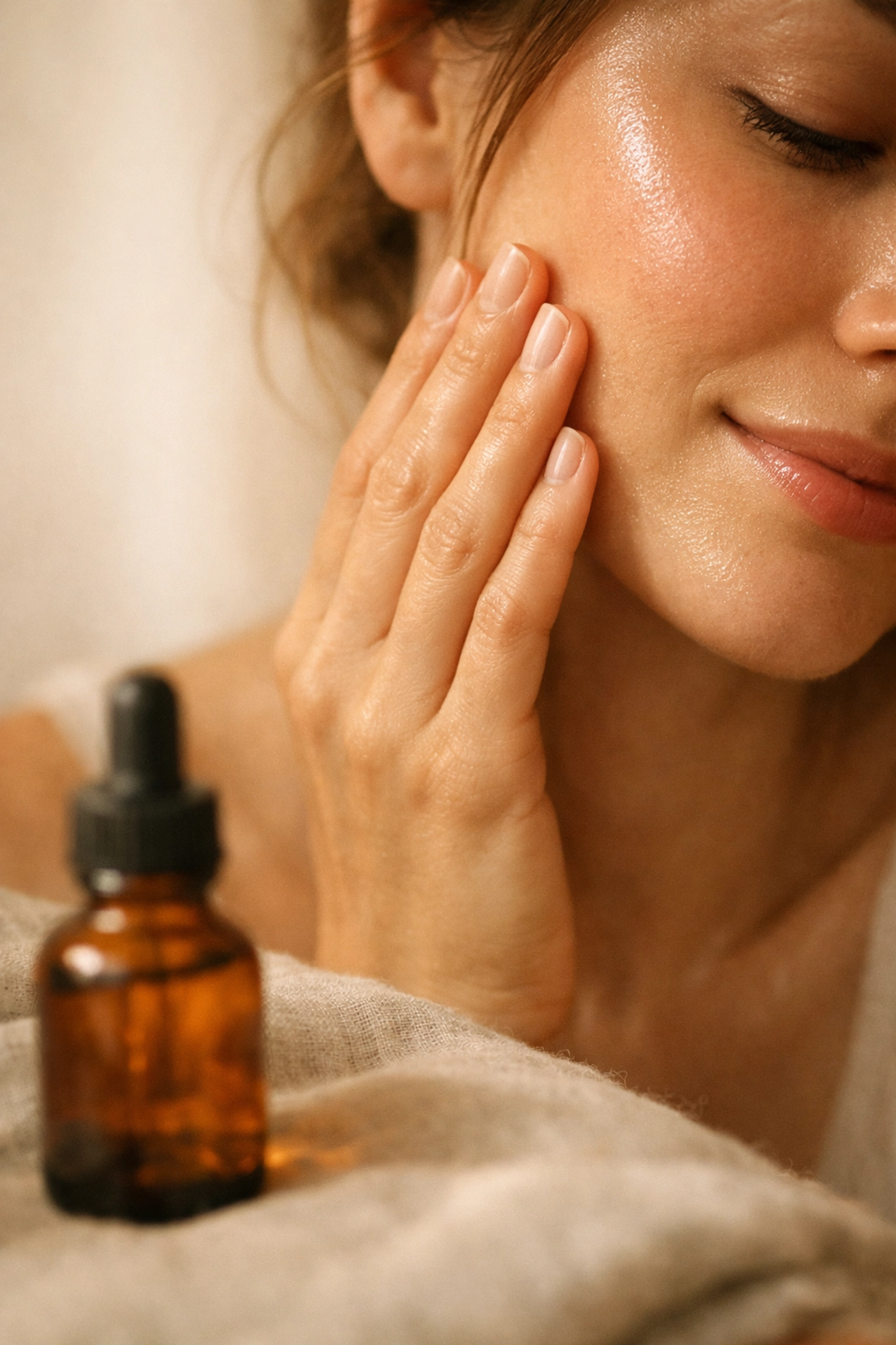 Woman with glowing skin using natural face oil for radiant complexion