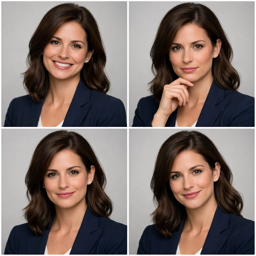 Grid of corporate headshots showing micro-expressions, a vital professional corporate headshot tip for engagement.