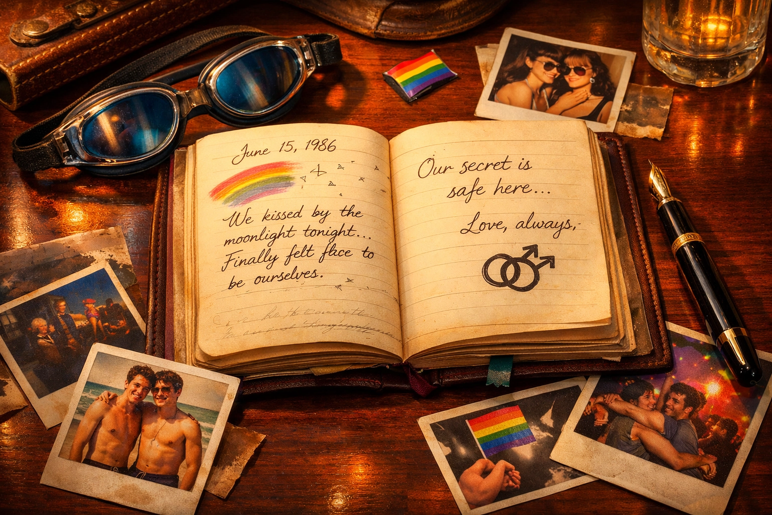 Vintage diary and photographs representing hidden queer histories in 1980s LGBTQ+ literature