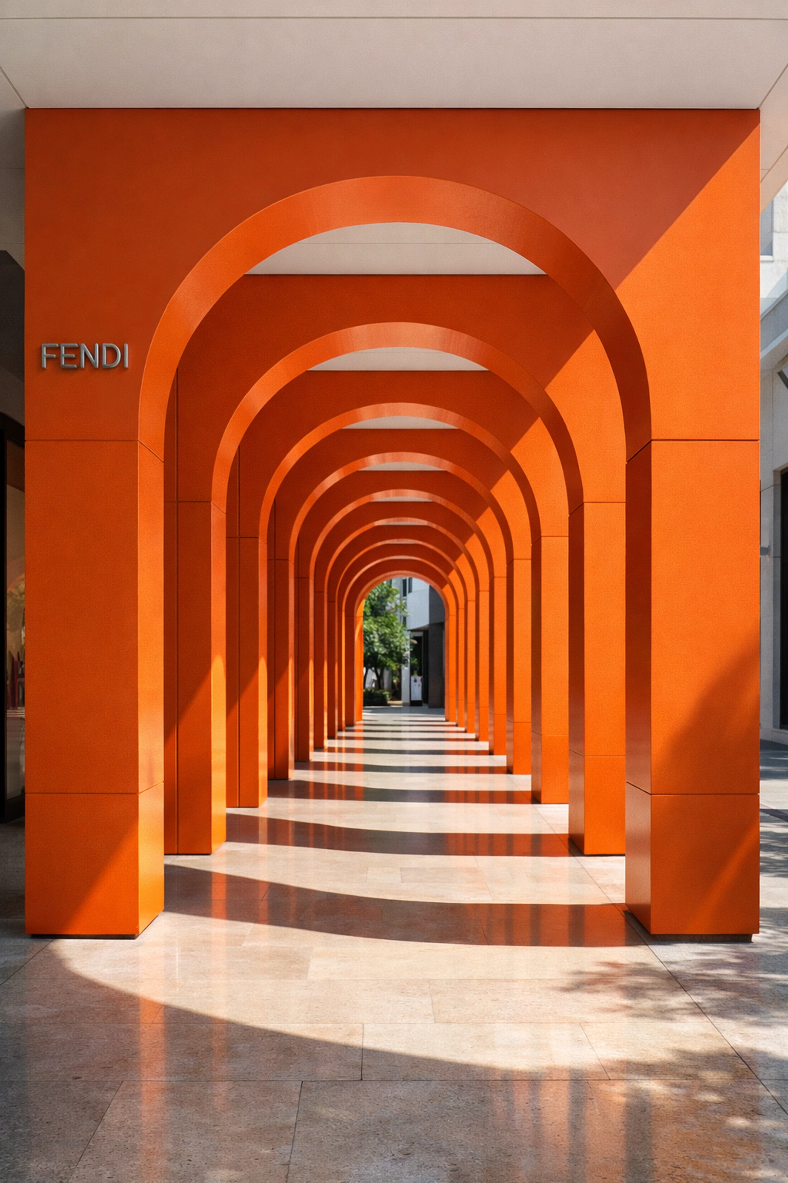 Vibrant orange geometric arches of the Fendi Colonnade, a popular Miami Design District photo spot.