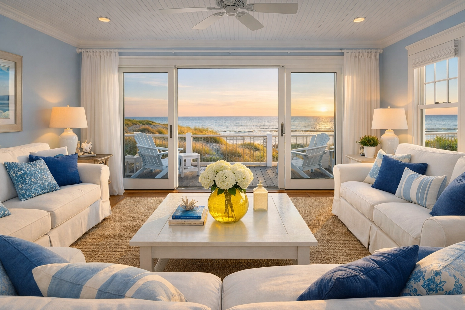 Spotless coastal chic lounge in West Dennis showing the results of a specialized beach house deep clean.