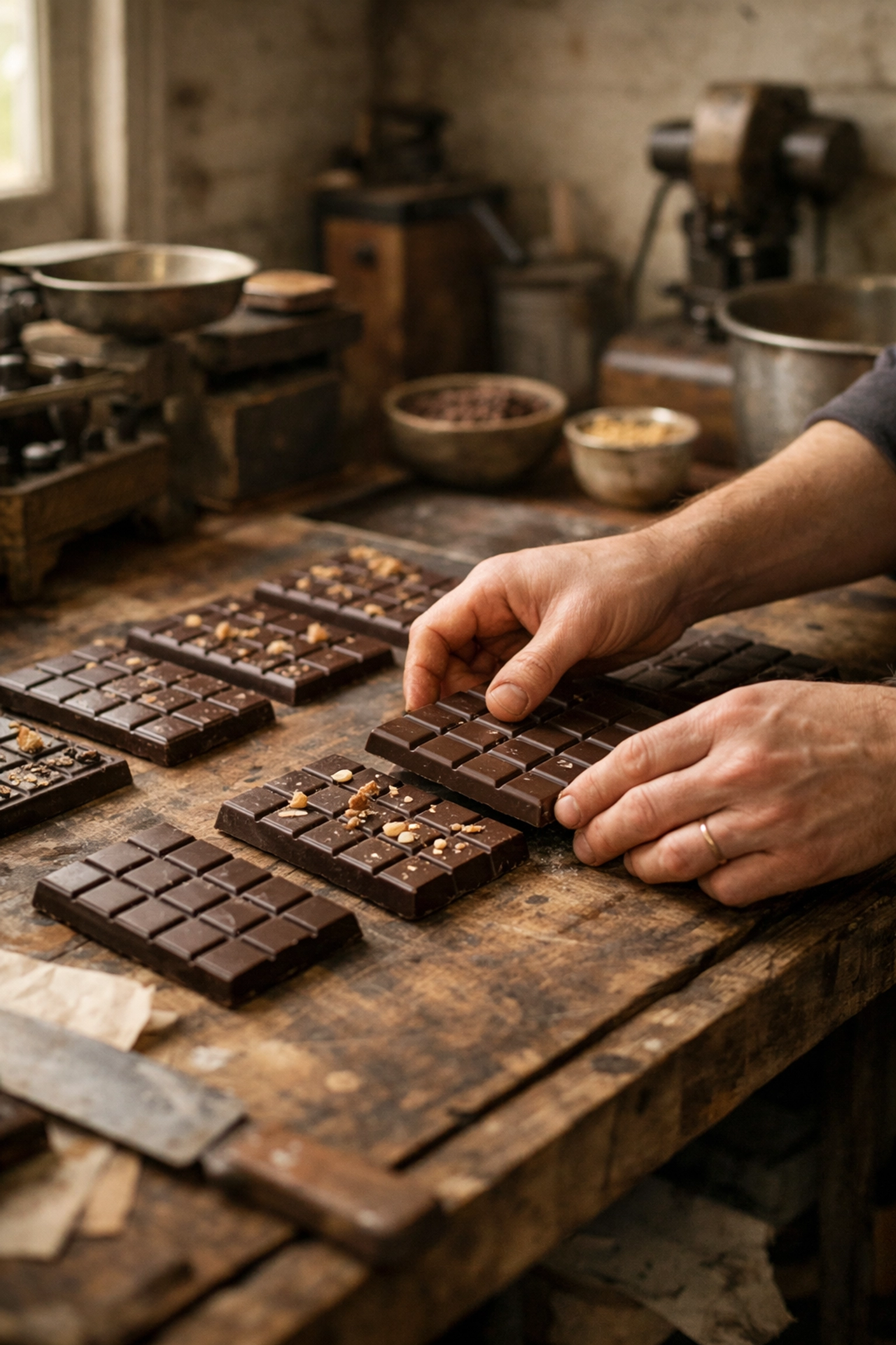 Artisan chocolate maker arranging handcrafted chocolate bars in small garage workshop