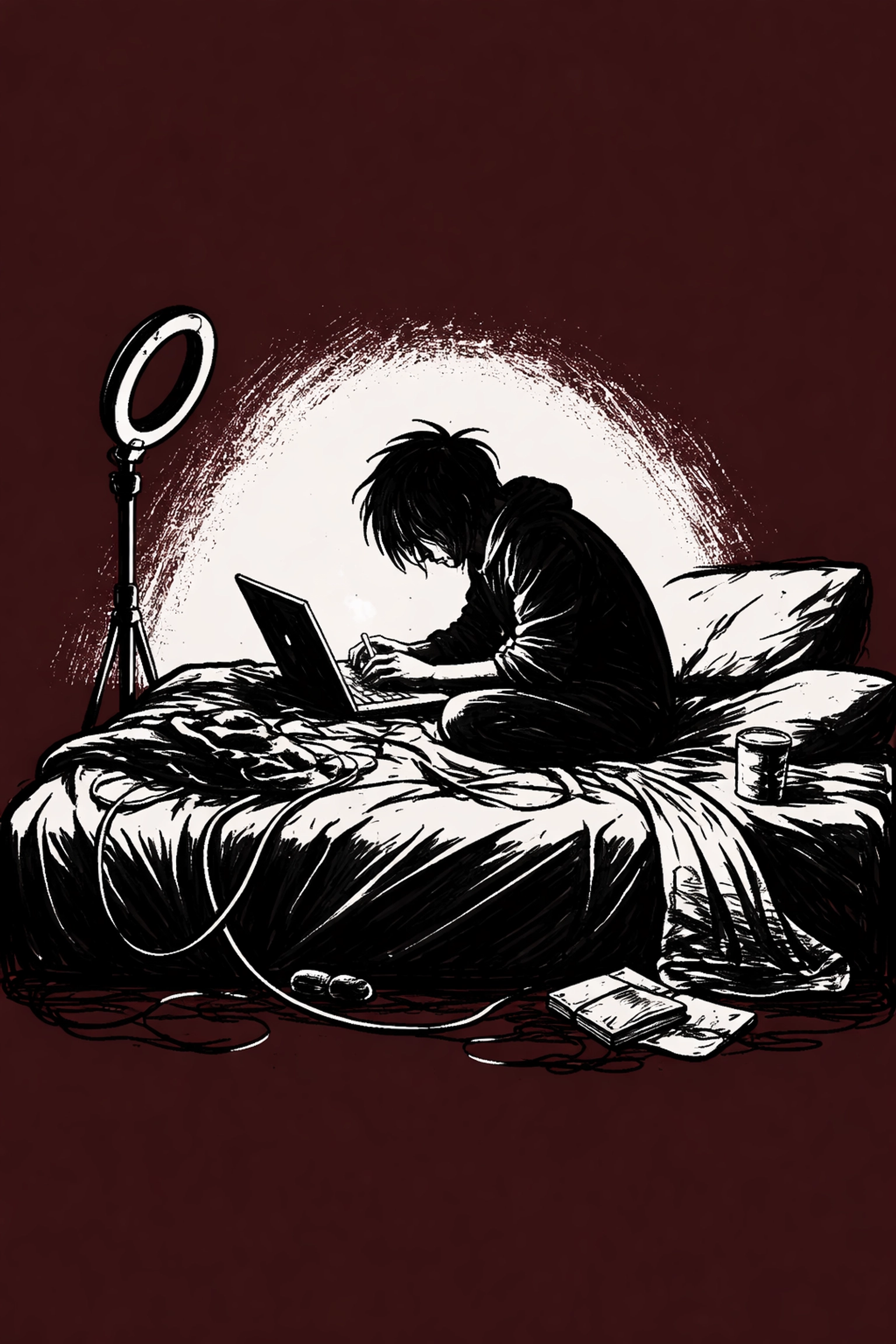 A creator working on a cluttered bed with tangled cables and a ring light, illustrating limitations of home setups for content creators.
