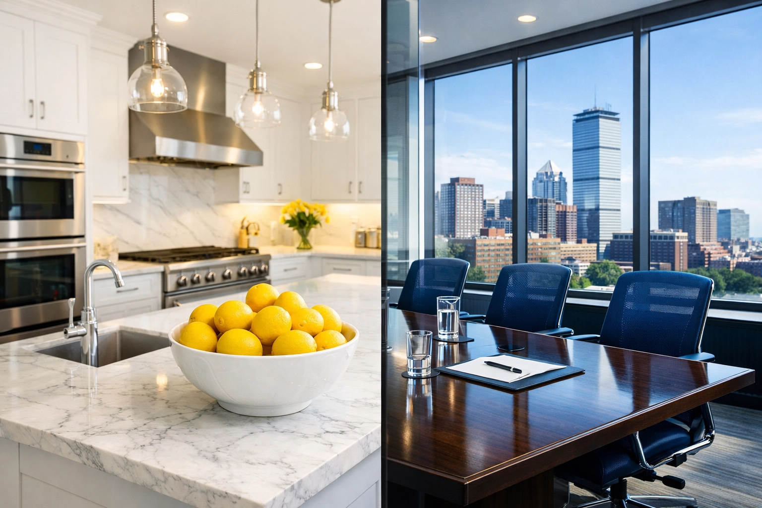 Modern MA kitchen and Boston office space showcasing residential and commercial cleaning services near me.