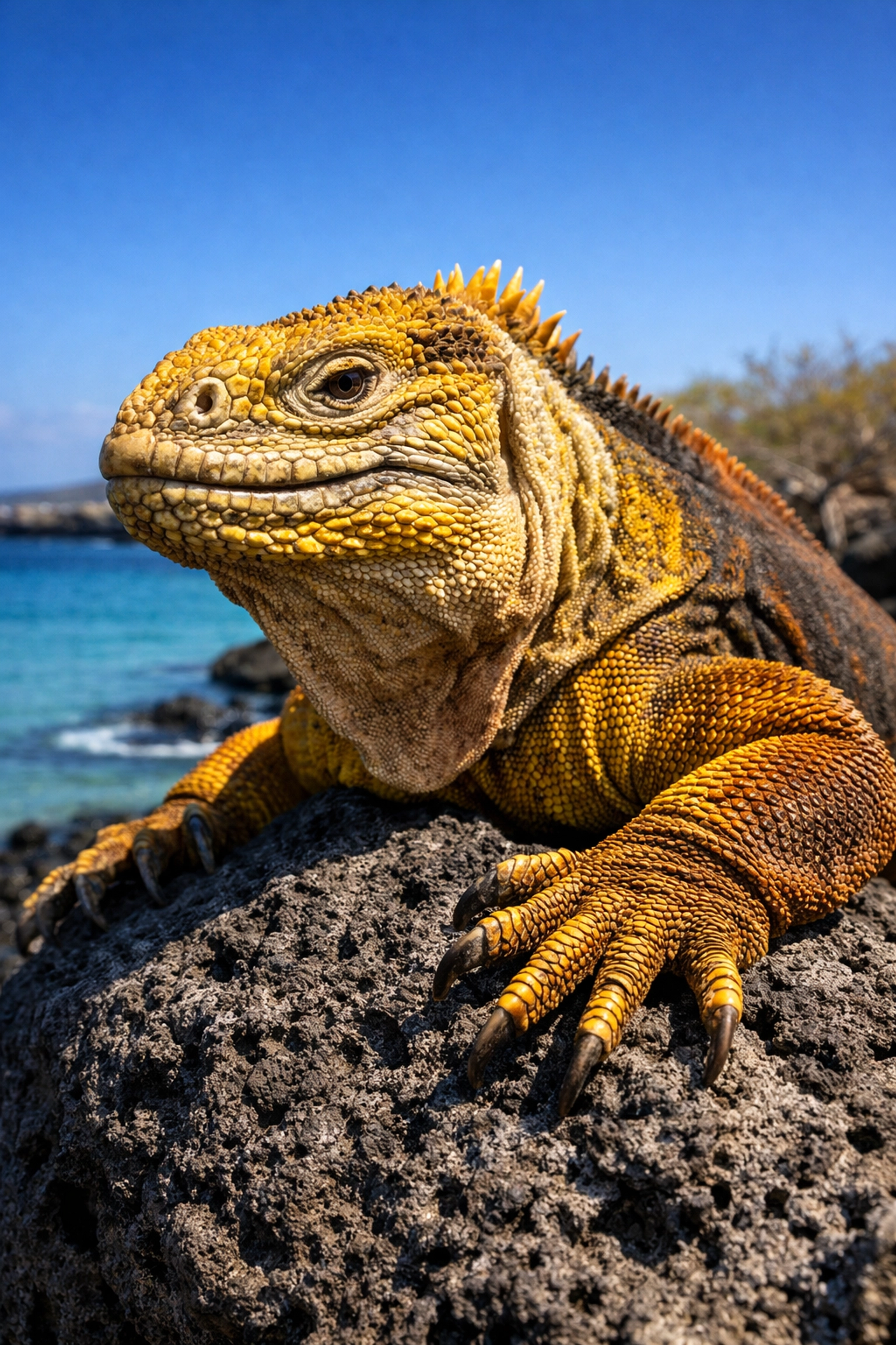 Galápagos land iguana on volcanic rock, showcasing biodiversity recovery and island conservation efforts.