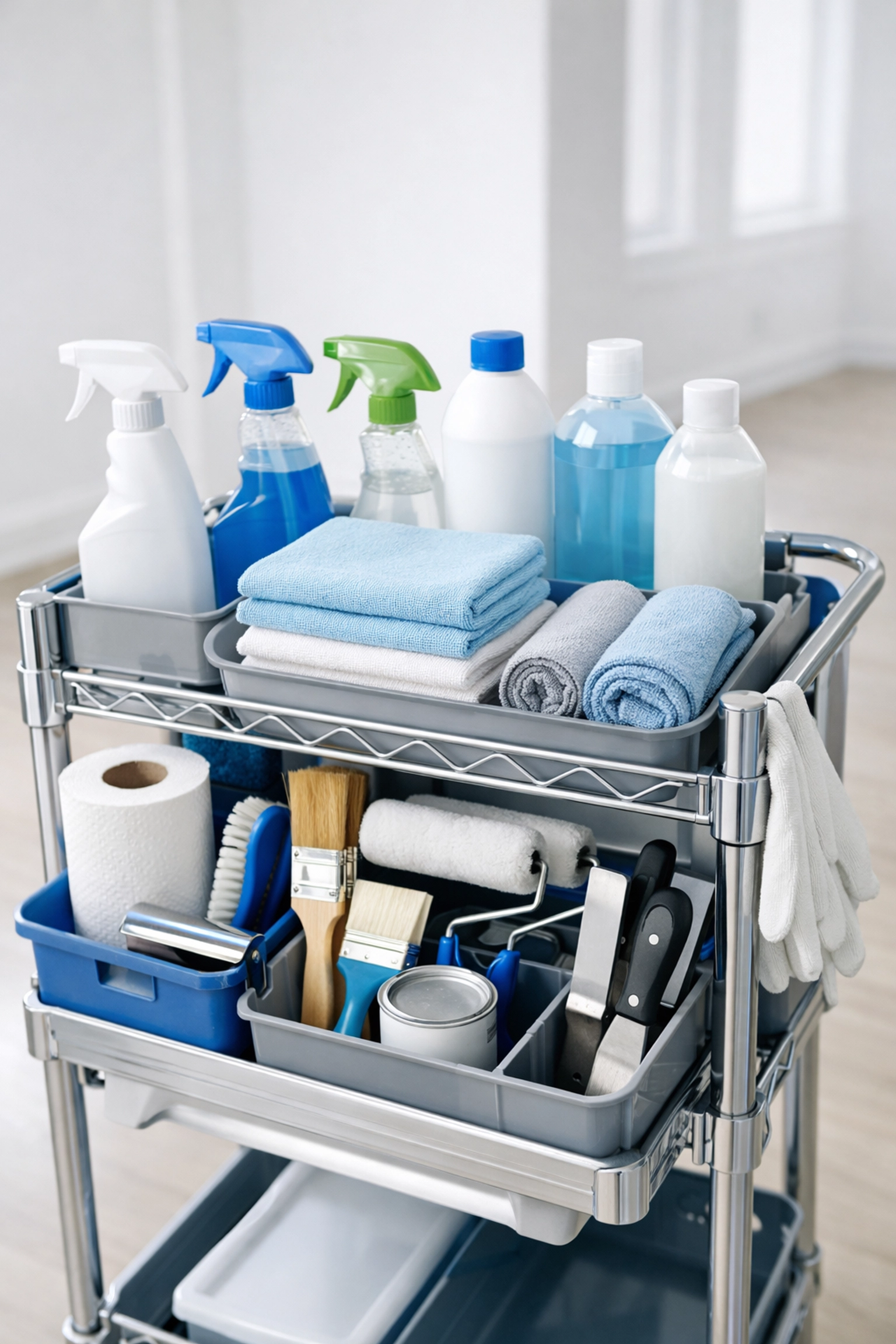 Organized make-ready supply cart with cleaning products for efficient apartment turnover