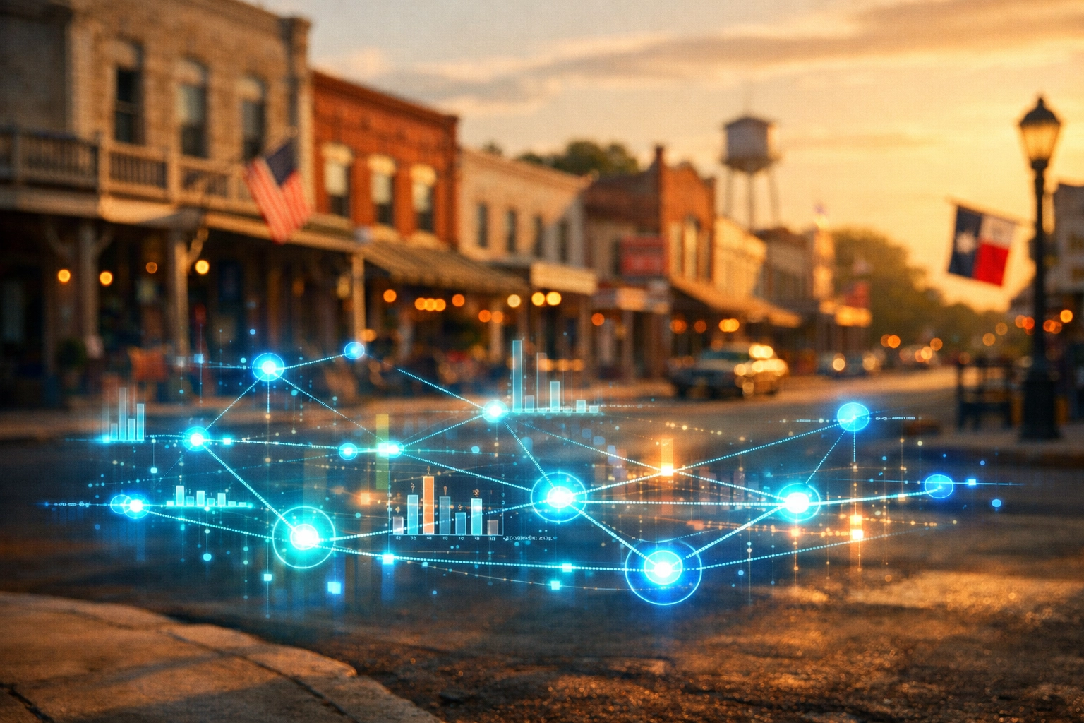 Digital map of small town shops showing how AI tools enhance local SEO for small business.