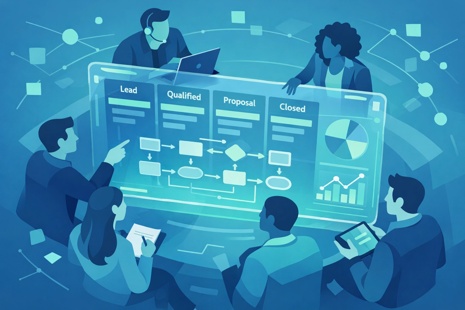 Cross-functional revenue team collaborating on CRM implementation strategy and pipeline workflows