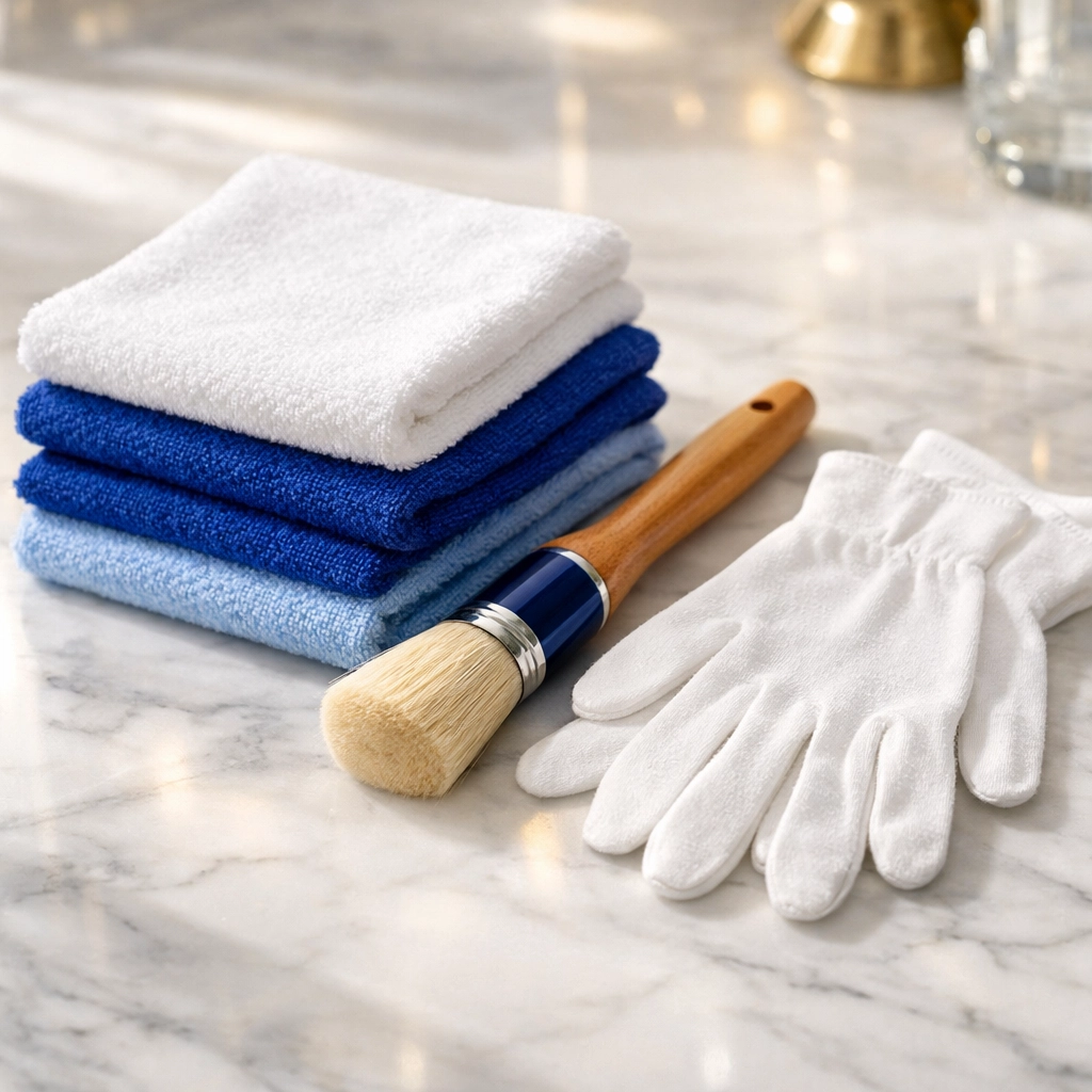 Essential chandelier cleaning tools including microfiber cloths, a soft brush, and white cotton gloves.