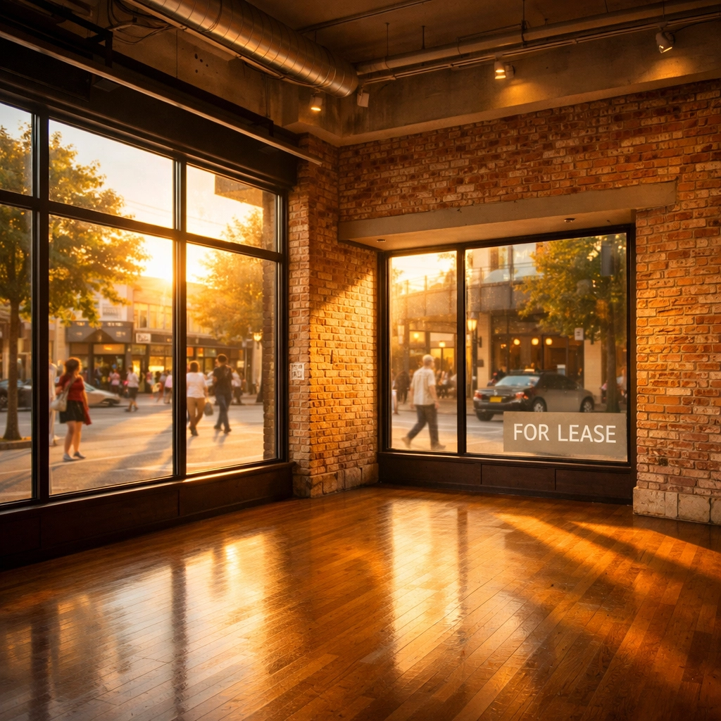 Empty corner retail space with large windows ideal for coffee shop location