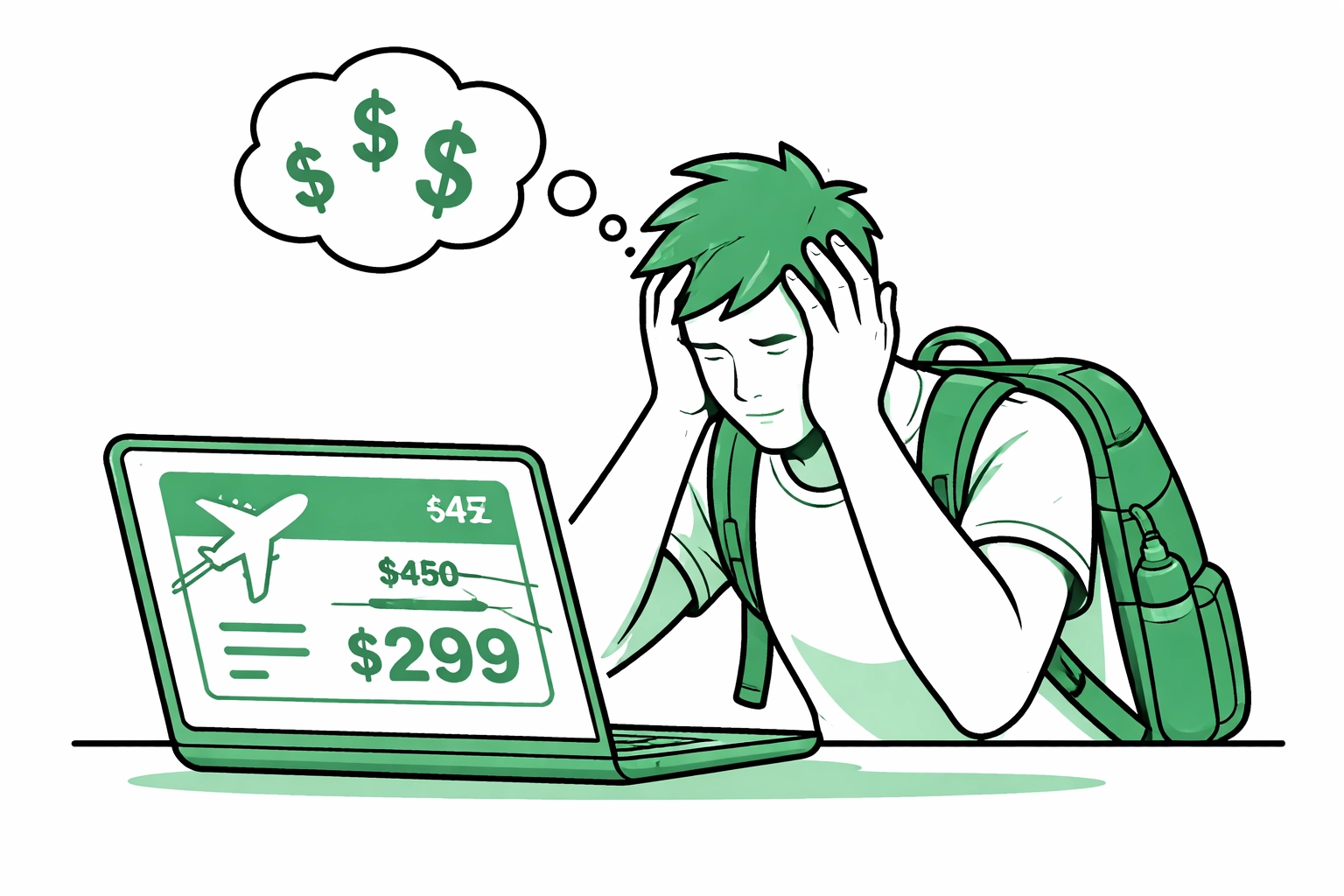 Frustrated traveler sees a lower airfare after booking, illustrating the stress of missing flight price drop refunds.