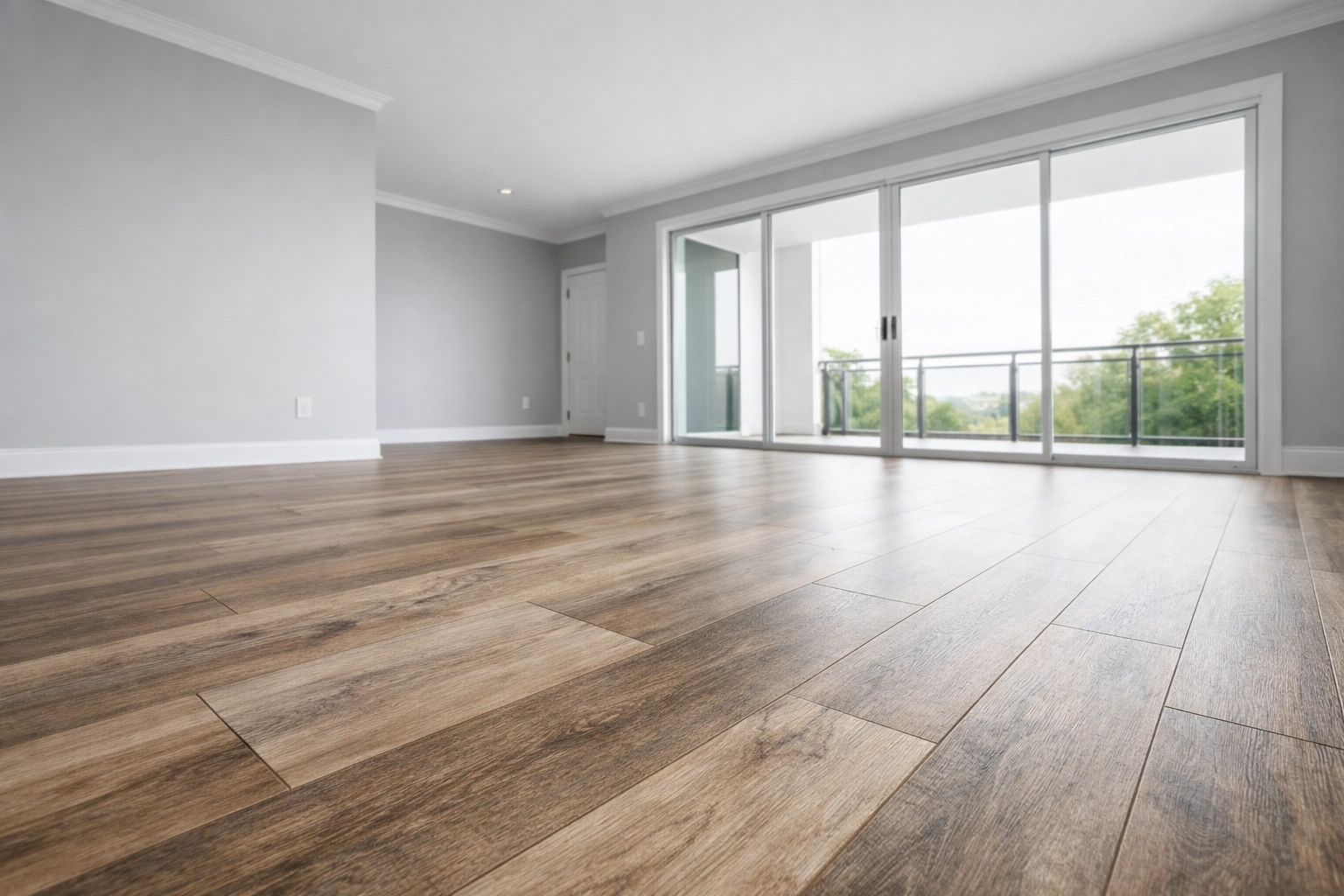 A clean apartment interior with fresh paint and luxury vinyl plank flooring ready for immediate leasing.