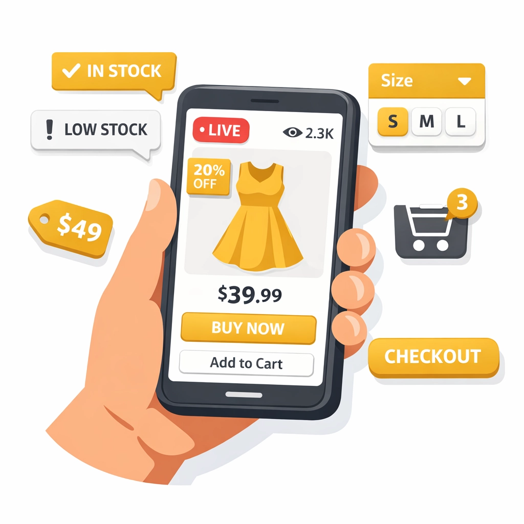 Mobile live shopping interface with product variants and instant checkout features