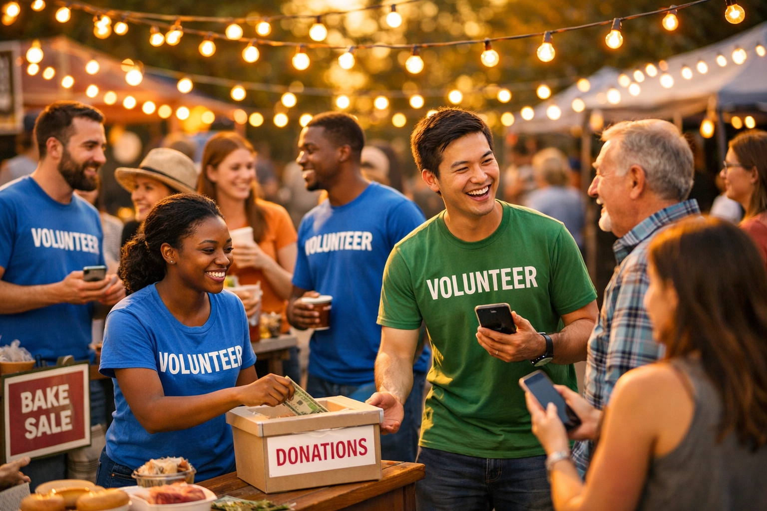 Nonprofit fundraising event with volunteers engaging donors using mobile text messaging