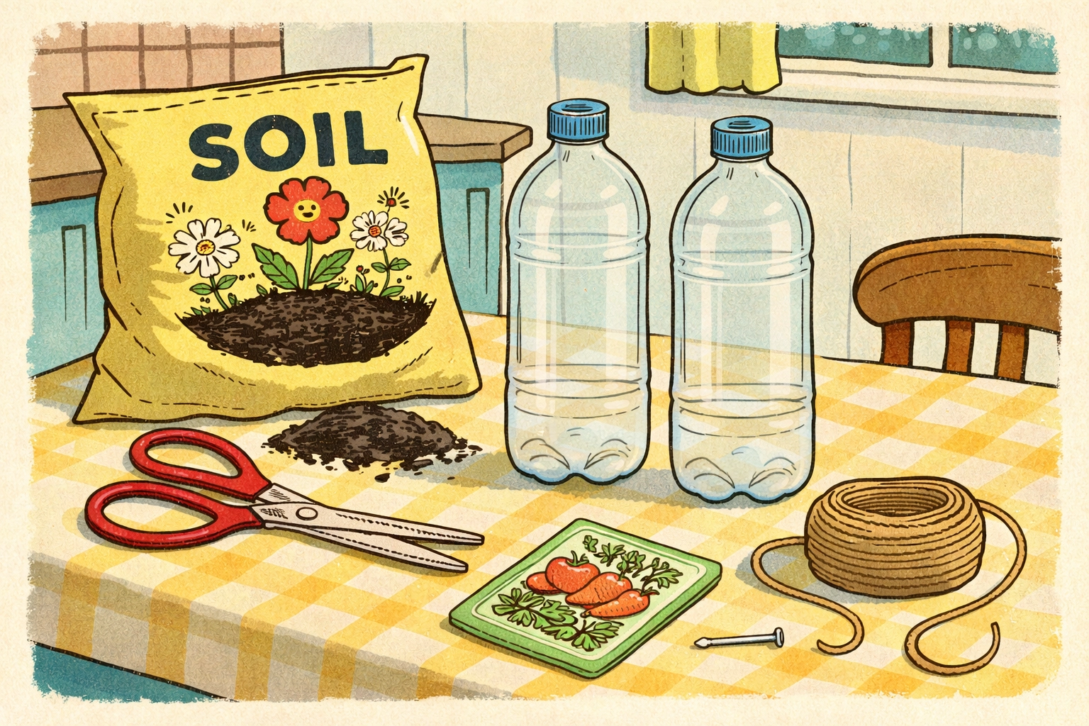DIY tower garden materials for kids: plastic bottles, soil, seeds, twine, and scissors on a sunny kitchen table