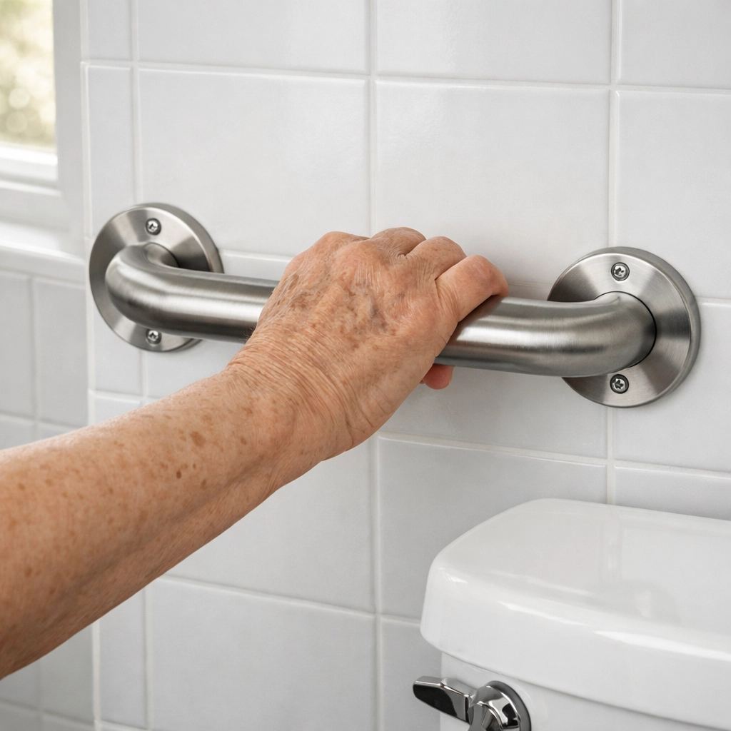 Senior hand gripping professionally mounted grab bar for bathroom fall prevention