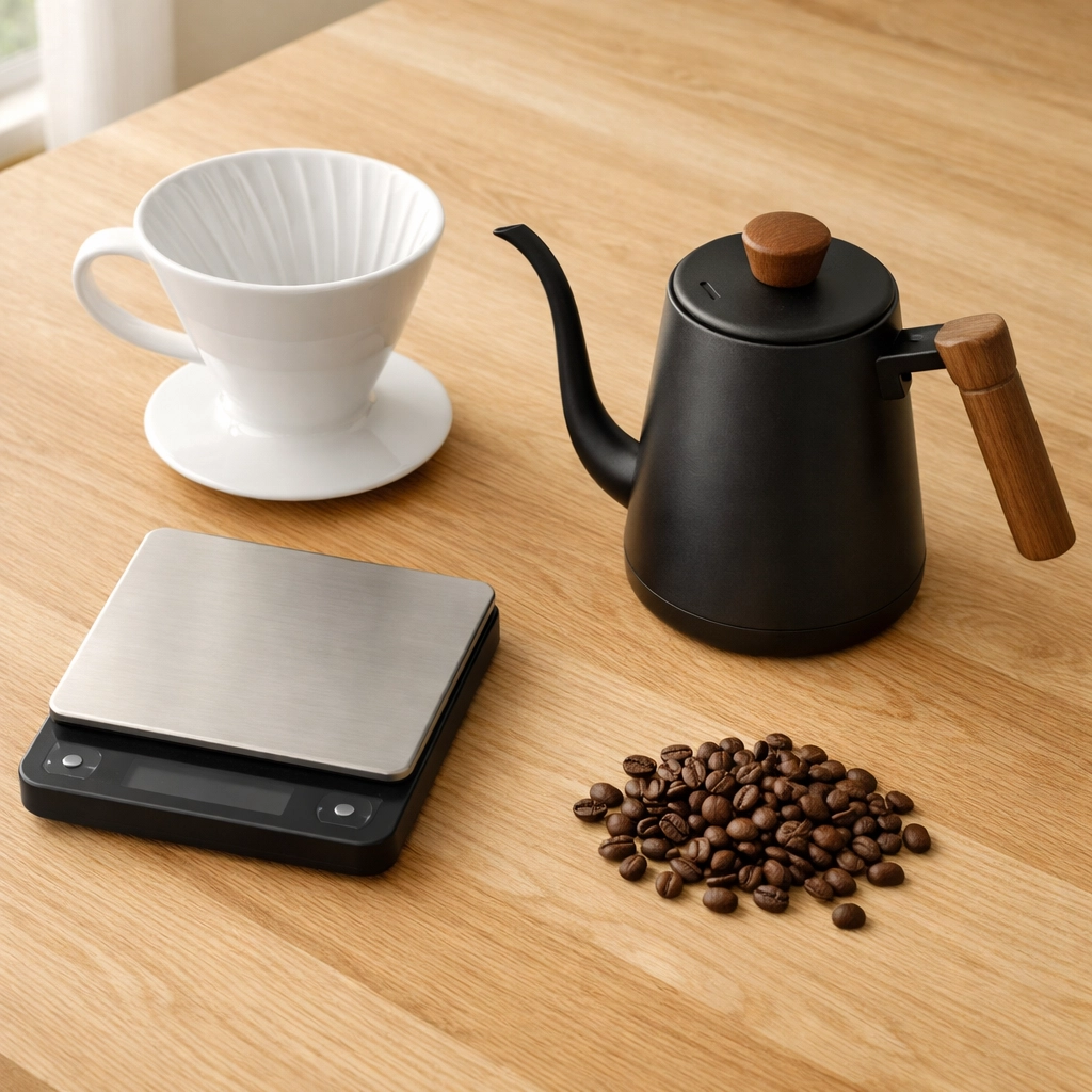Essential pour over coffee gear including a V60 dripper, scale, and gooseneck kettle on a wooden counter.