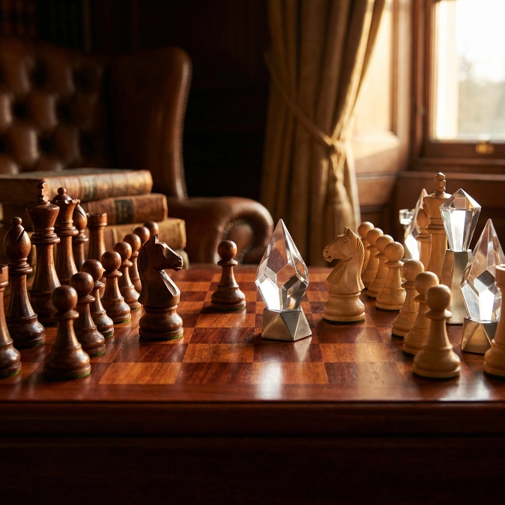 Chess board with mixed traditional and modern pieces depicting the shift from classic to hybrid investment strategies.