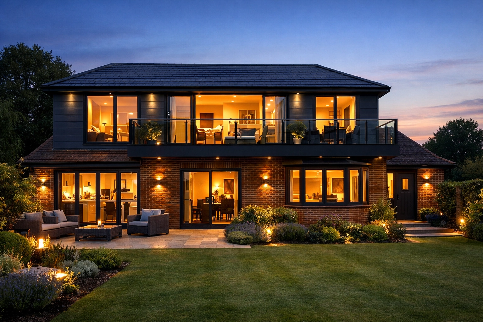 Modern bungalow transformation in West Sussex with a new second-floor addition and glass balcony at dusk.