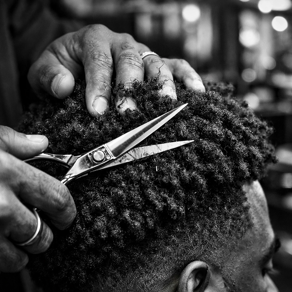Professional barber hands using shears on textured hair, representing elite barbering education and licensing success.
