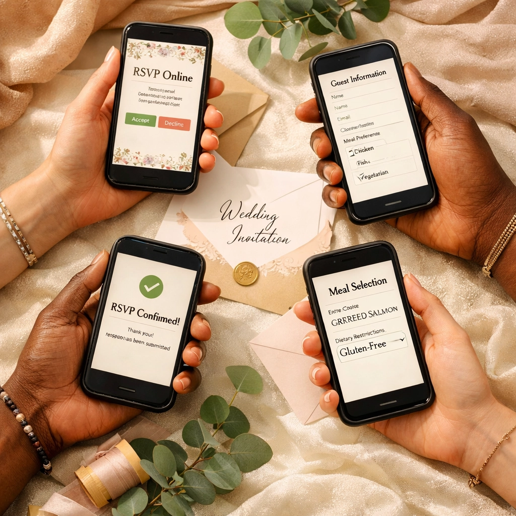 Wedding guests using smartphones to complete online RSVPs with invitations and florals