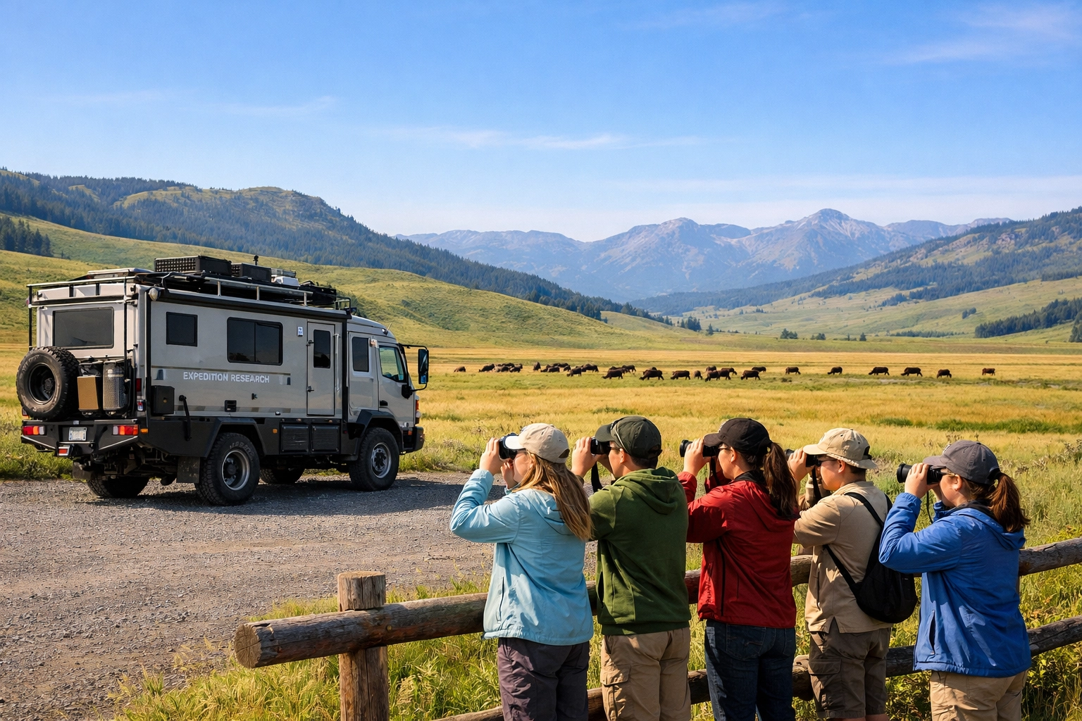 School group observing bison in the Lamar Valley from a professional expedition vehicle in Yellowstone.