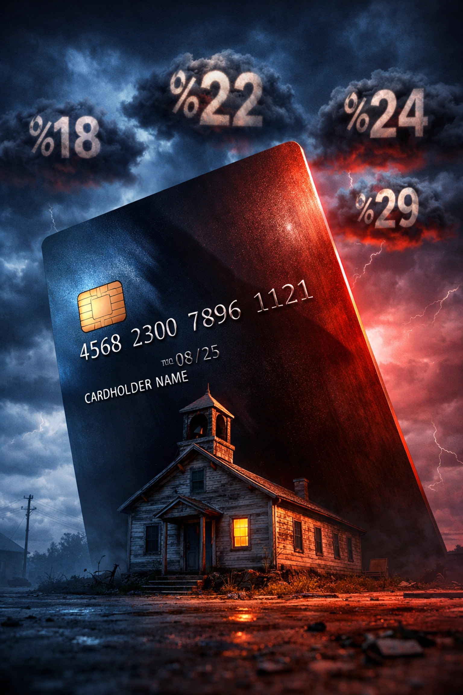 Giant credit card casting shadow over small schoolhouse, illustrating national debt overwhelming education budget