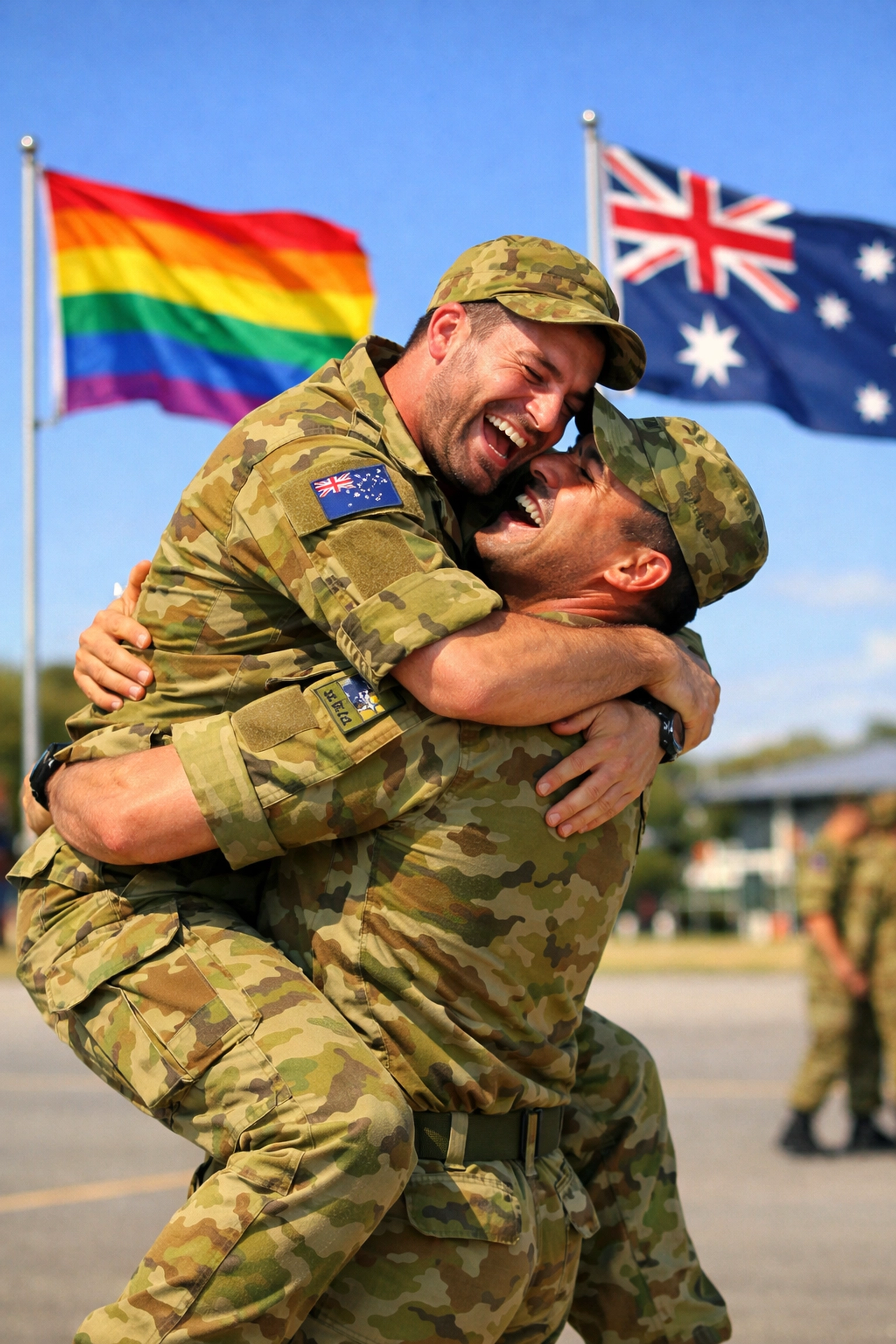 Modern Australian soldiers embracing in front of a pride flag, representing LGBTQ+ military history and visibility.