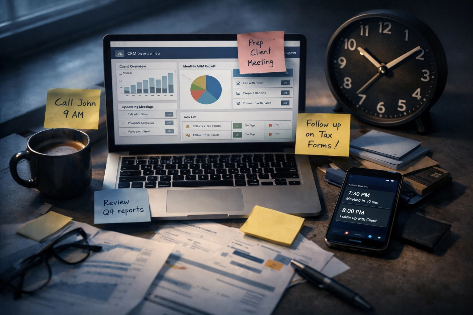 Financial advisor desk cluttered with admin tasks, CRM updates, and late-night work