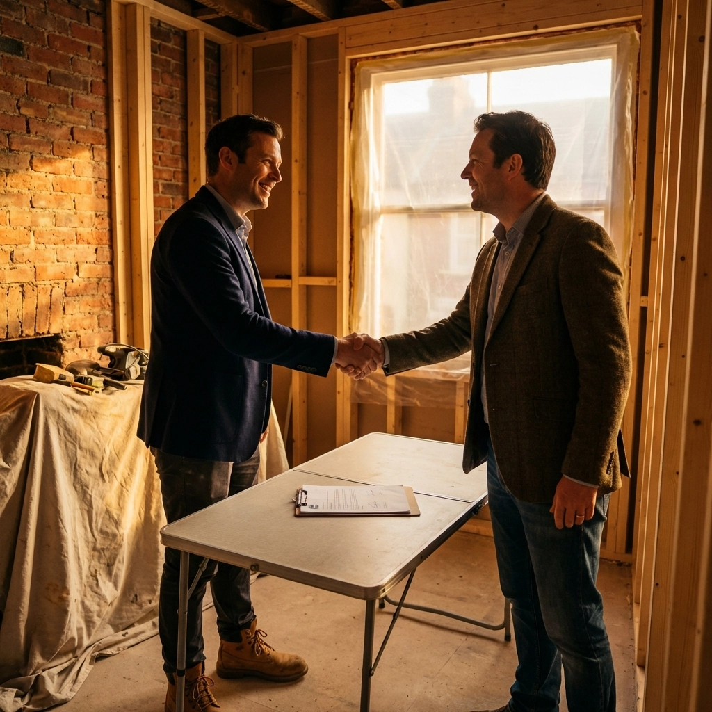 Builder and homeowner shaking hands on a signed contract in a partially renovated Bognor Regis home