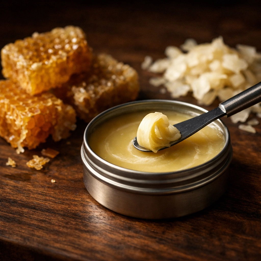 Premium beard wax ingredients including natural beeswax and carnauba wax flakes on a wooden workbench.