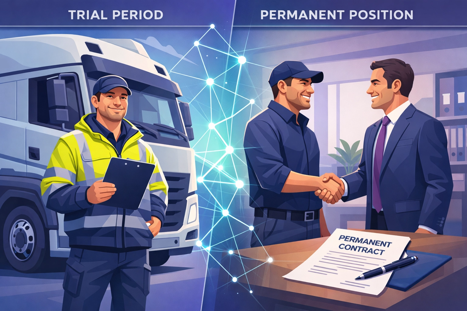 HGV driver progressing from temporary contract to permanent employment with logistics company