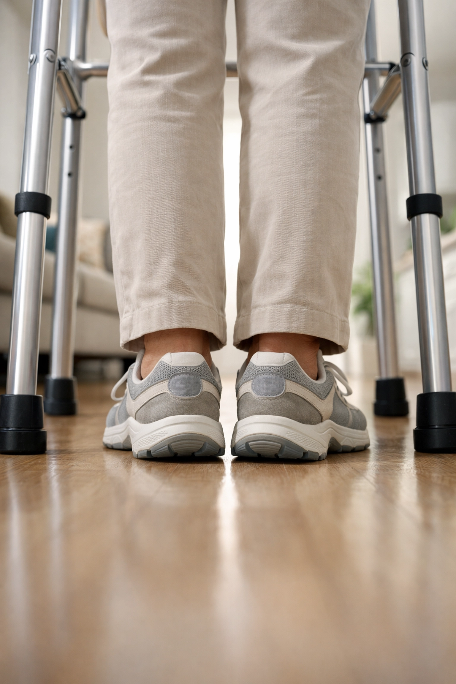 Proper foot positioning inside the walker frame for improved stability and fall prevention.