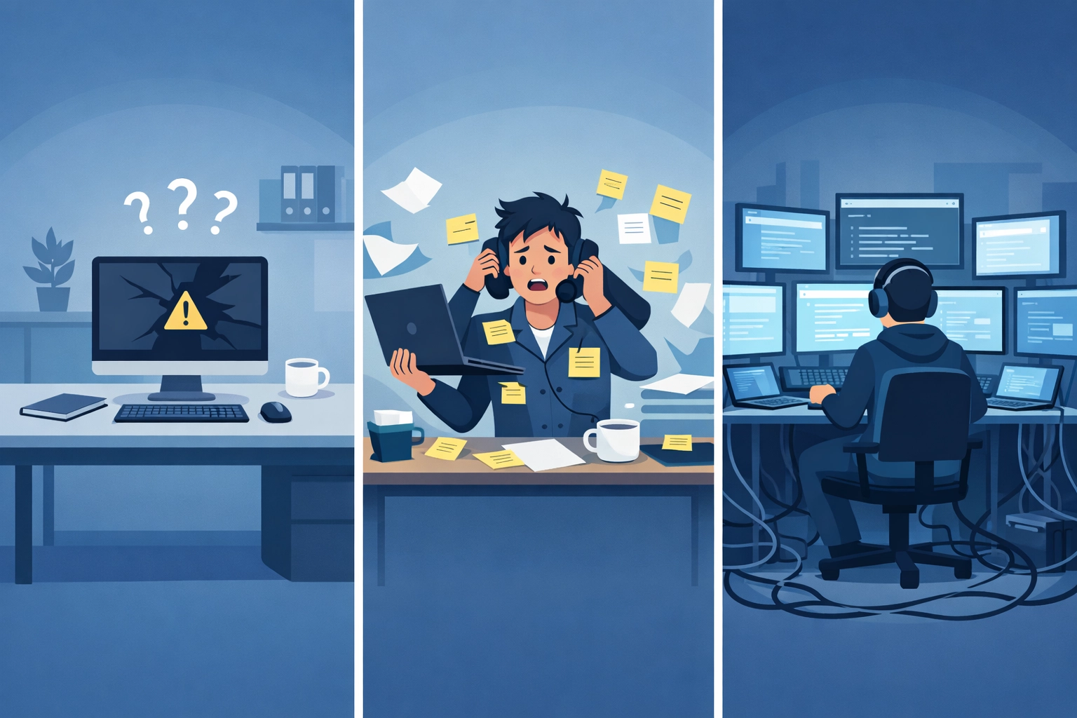 Three common small business IT staffing models showing resource limitations and vulnerabilities