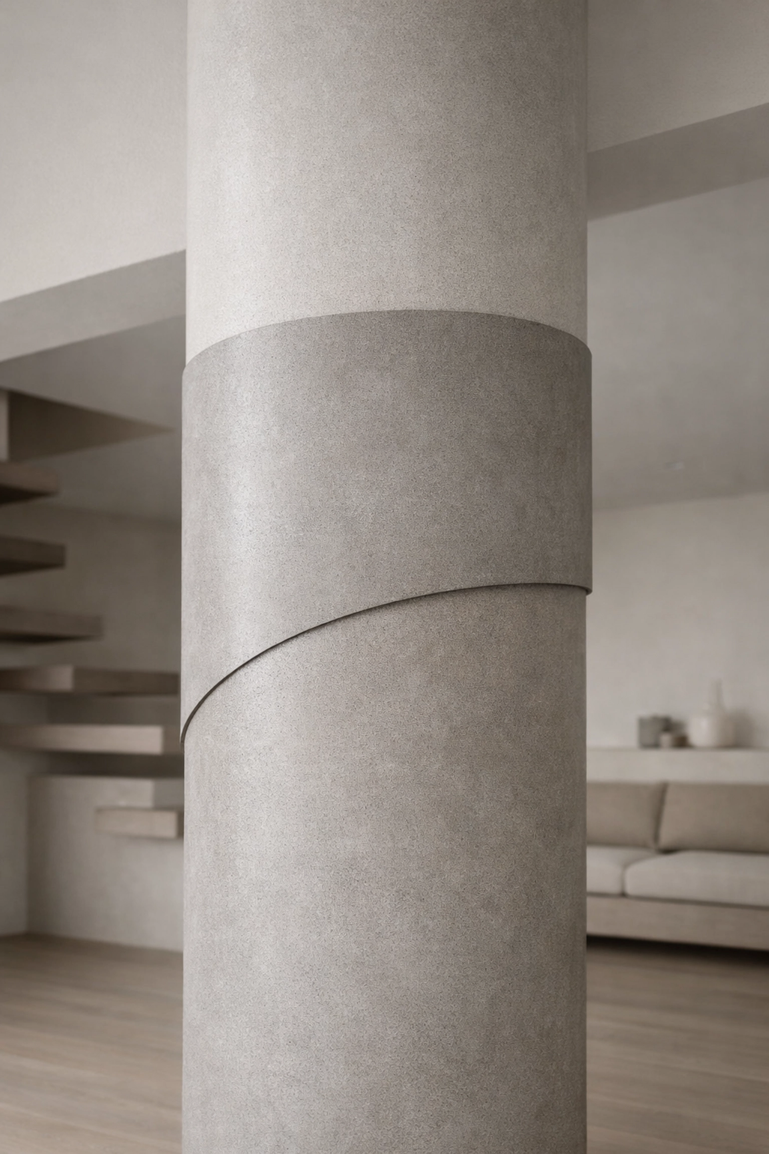 Colonne circulaire moderne parfaitement enveloppée de pierre naturelle flexible ECO-FLEXI MCM texturée ciment.