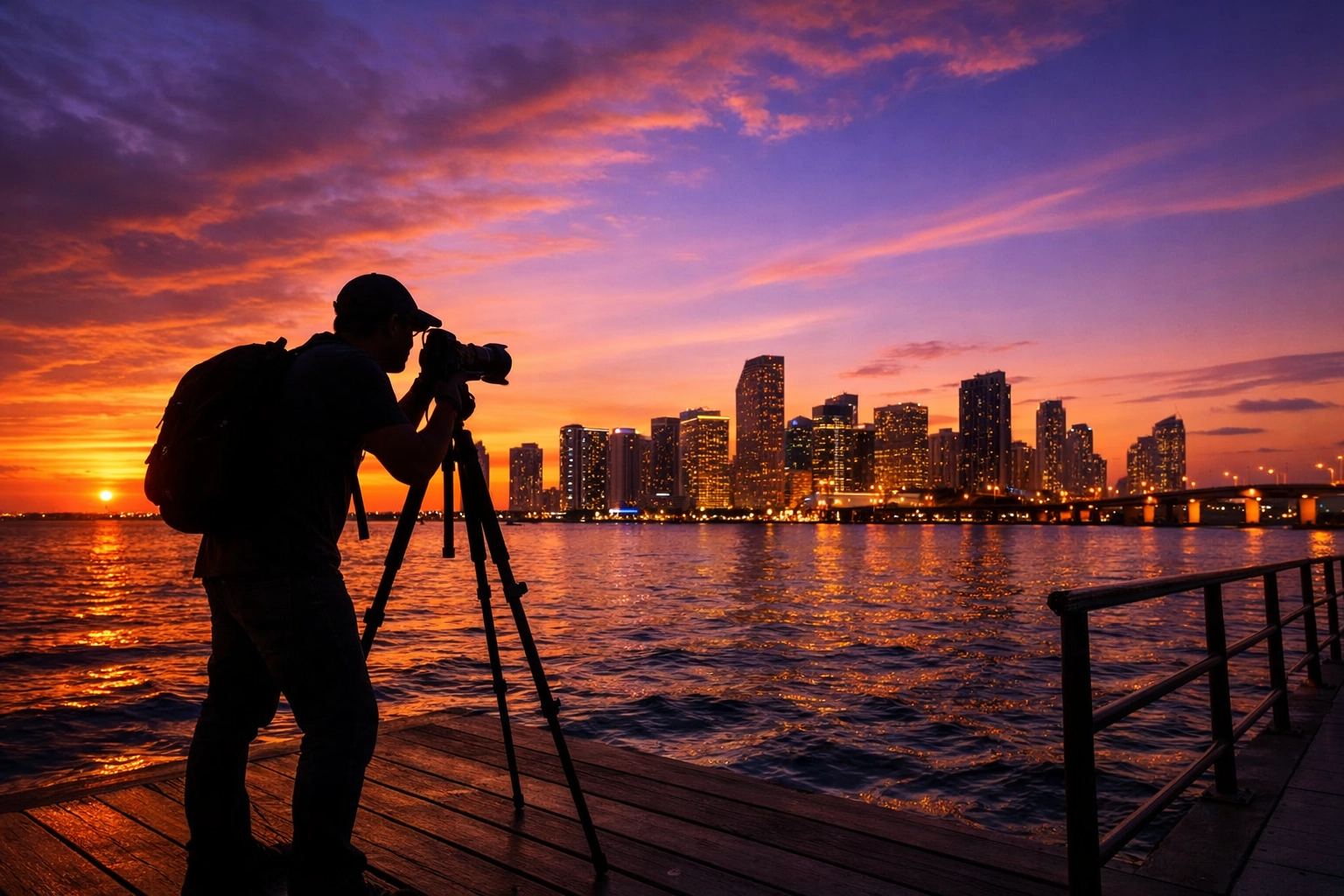 A travel photographer capturing the Miami skyline at golden hour, highlighting a successful photography career.
