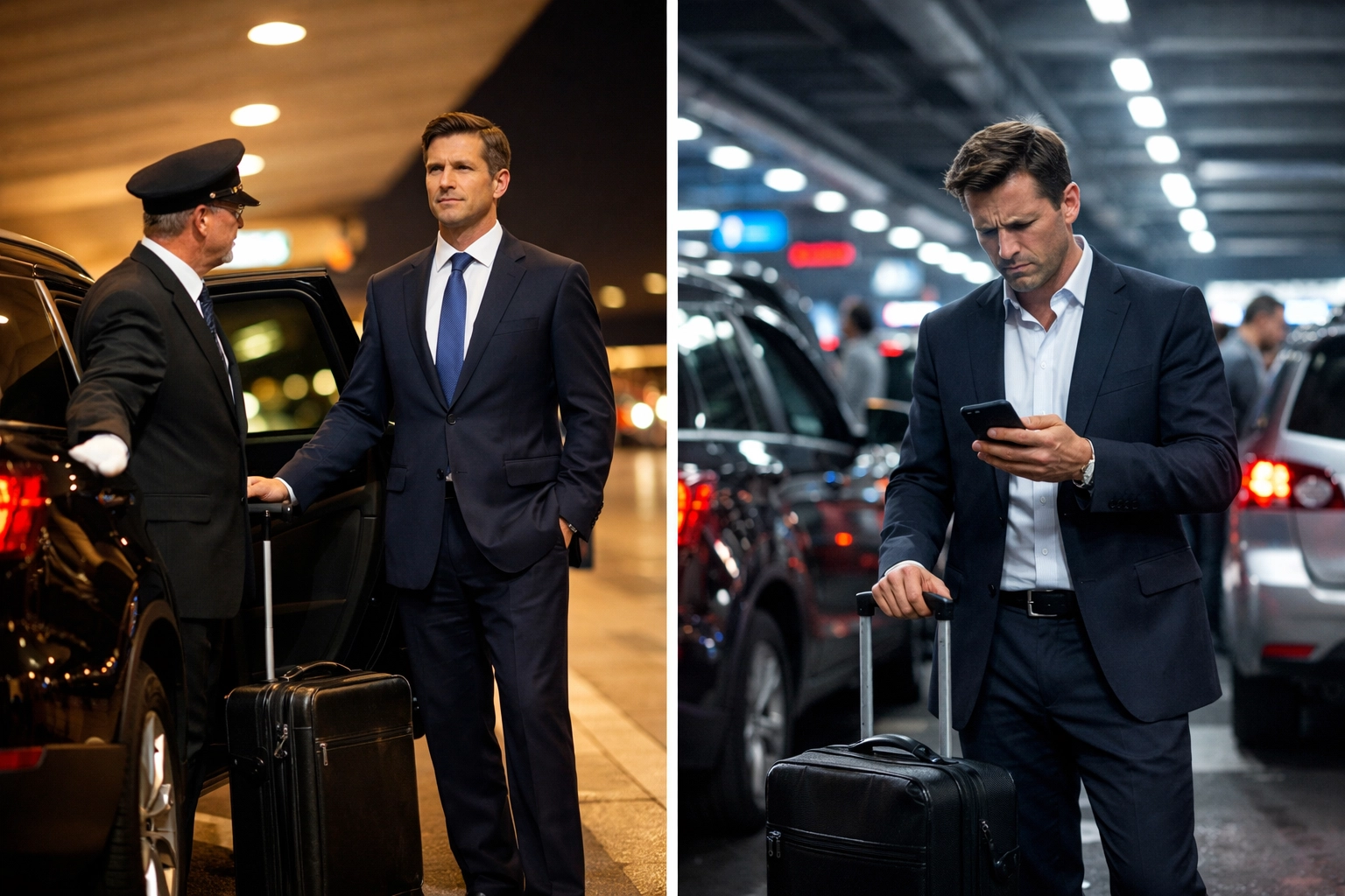 The Standard of Arrival: Why Reliability is the Ultimate Luxury in Orange County Airport Transportation 2 Comparison of reliable airport car service versus uncertain rideshare pickup experience