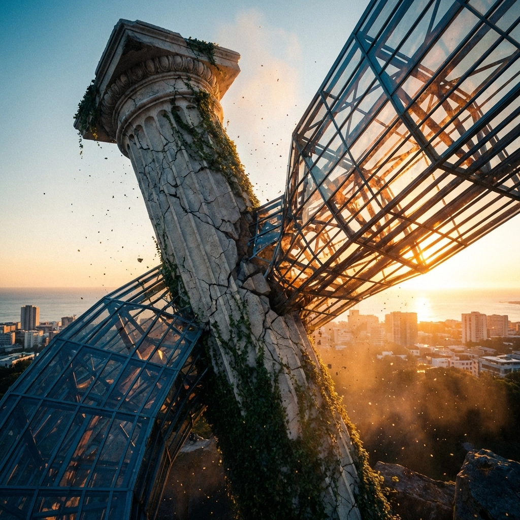 Traditional finance symbolized by a crumbling column with modern architecture, illustrating the evolution from 60/40 to 40/30/30 portfolio models.