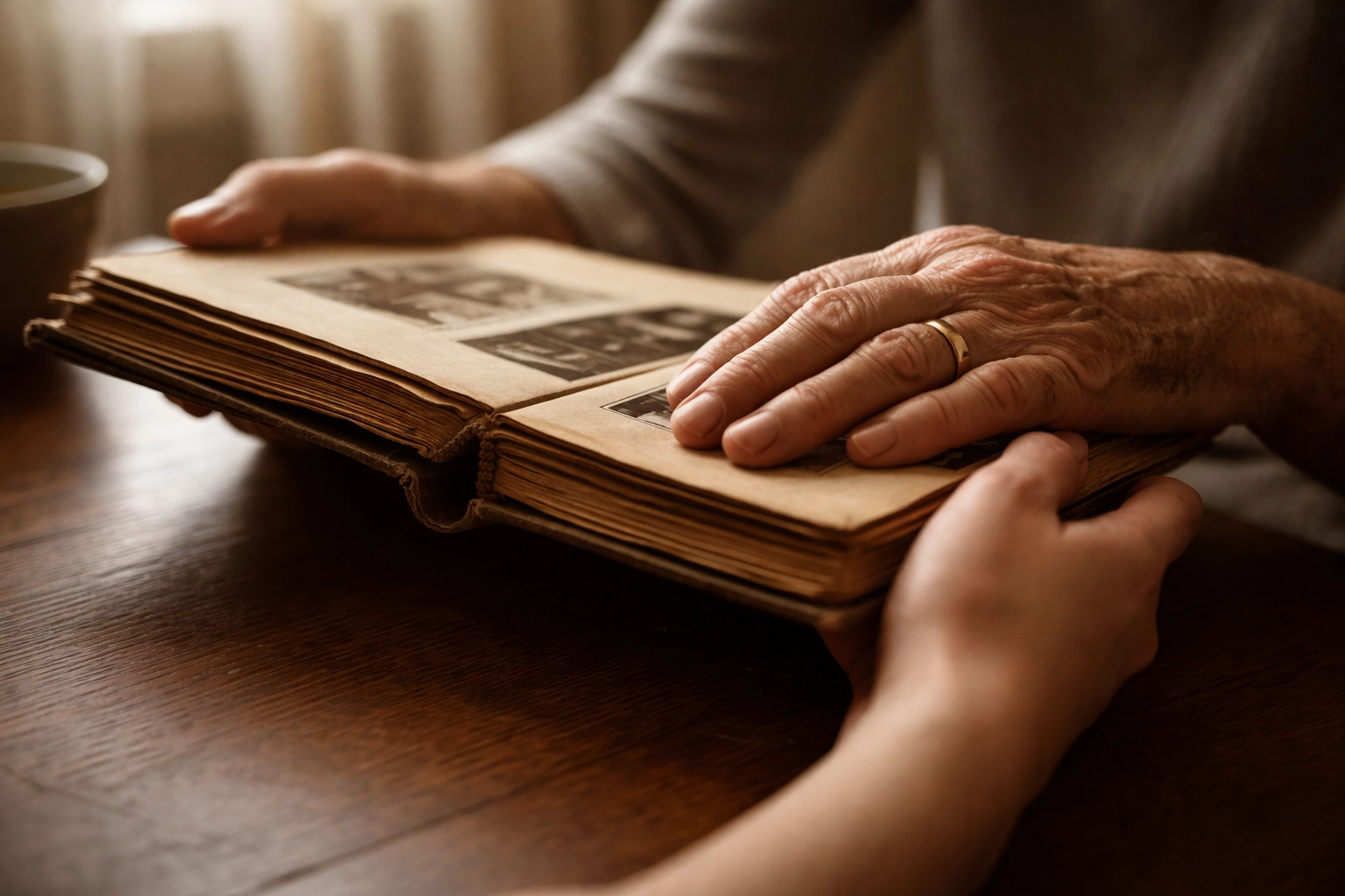 Elderly and younger hands holding a photo album together, symbolizing intergenerational support in the downsizing process.
