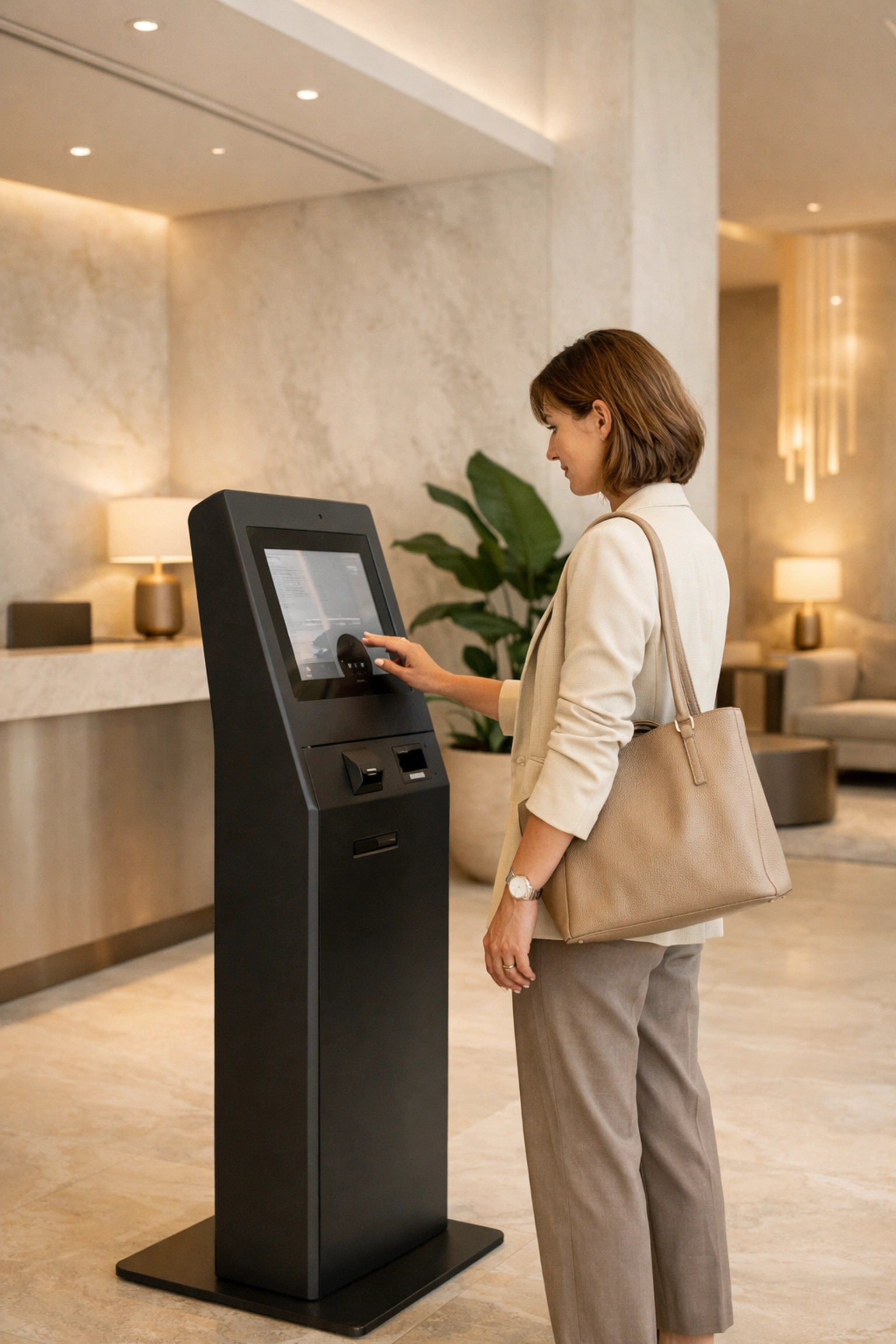 A hotel guest using a modern self-check-in kiosk for a frictionless arrival in a boutique lobby.