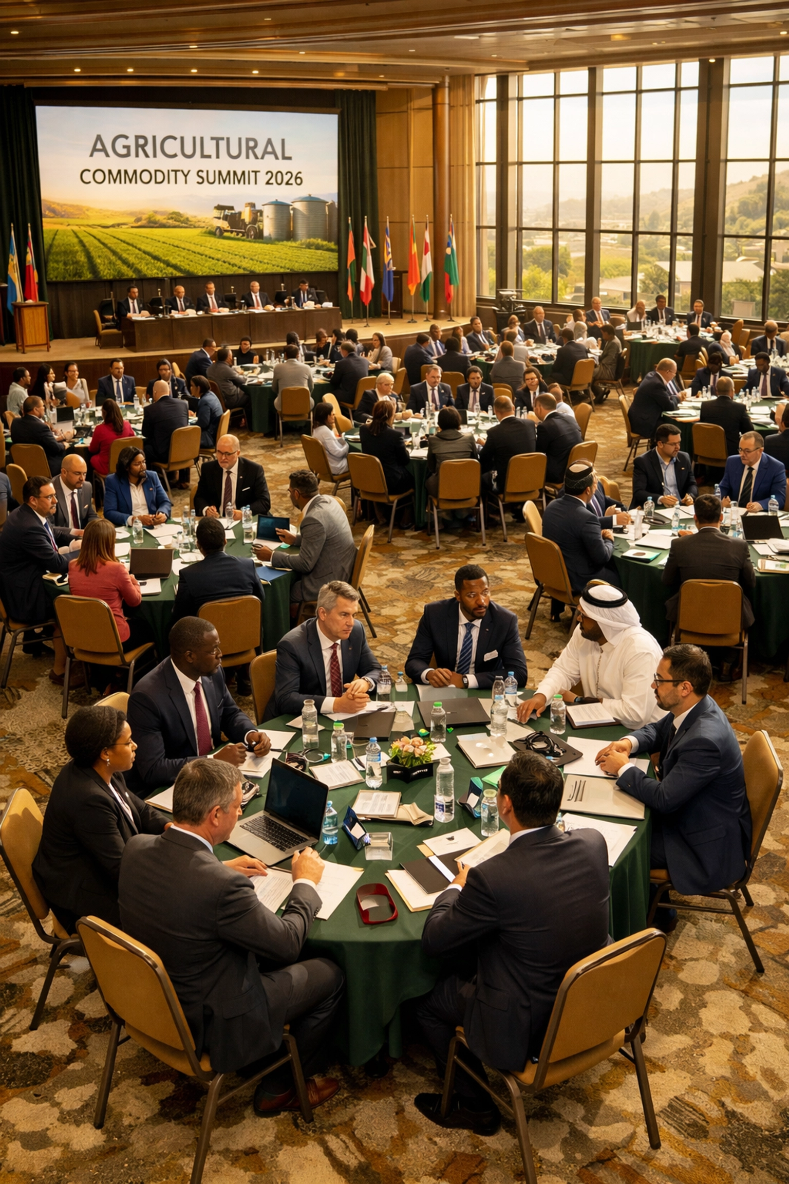 International delegates at agriculture conferences 2026 discussing commodity trade agreements